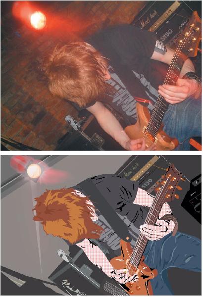 graphic art
before and after of a guitar player
